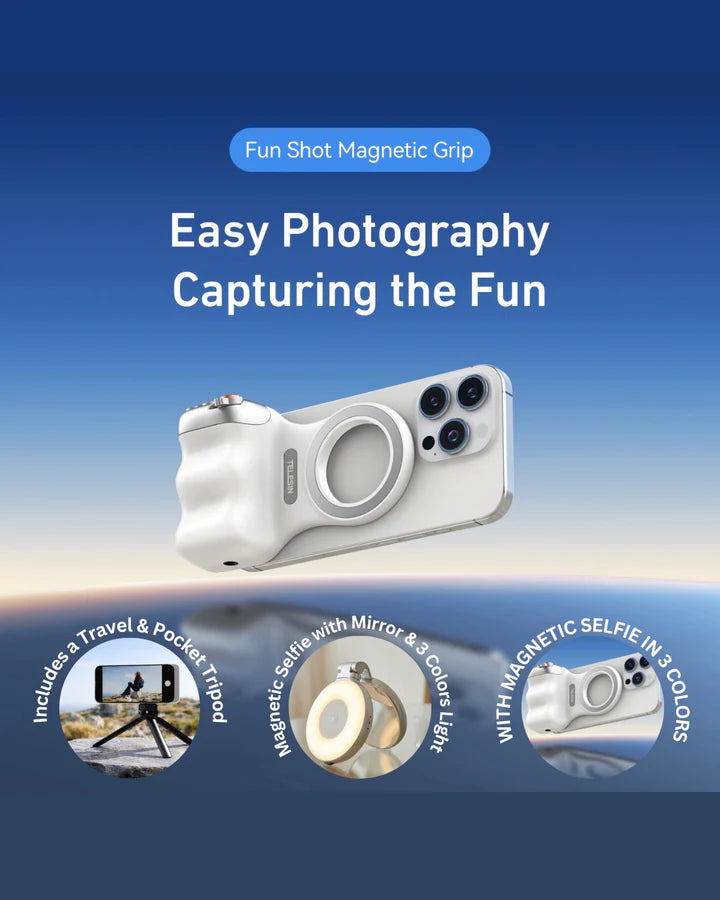 GripShot Pro – Magnetische telefooncameragreep met ontspanknop & magnetisch selfielicht 2.0 & statief