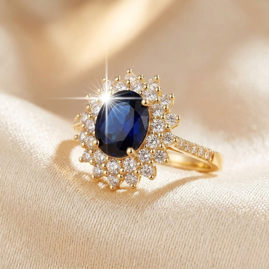 Halo ring met saffier in goud