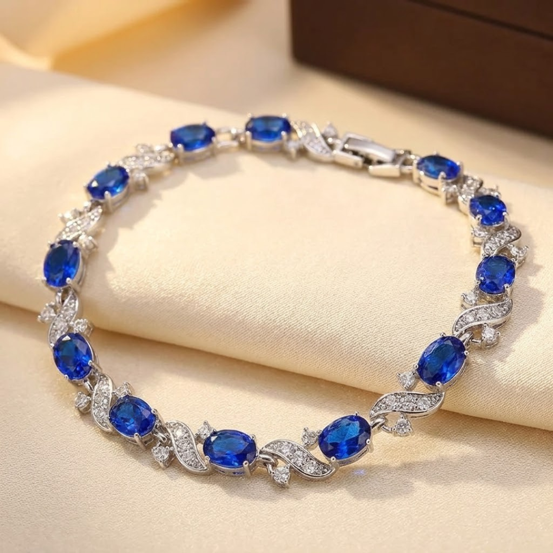 Saffier bloemenlink armband in zilver