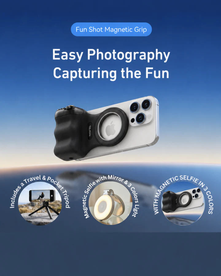 GripShot Pro – Magnetische telefooncameragreep met ontspanknop & magnetisch selfielicht 2.0 & statief