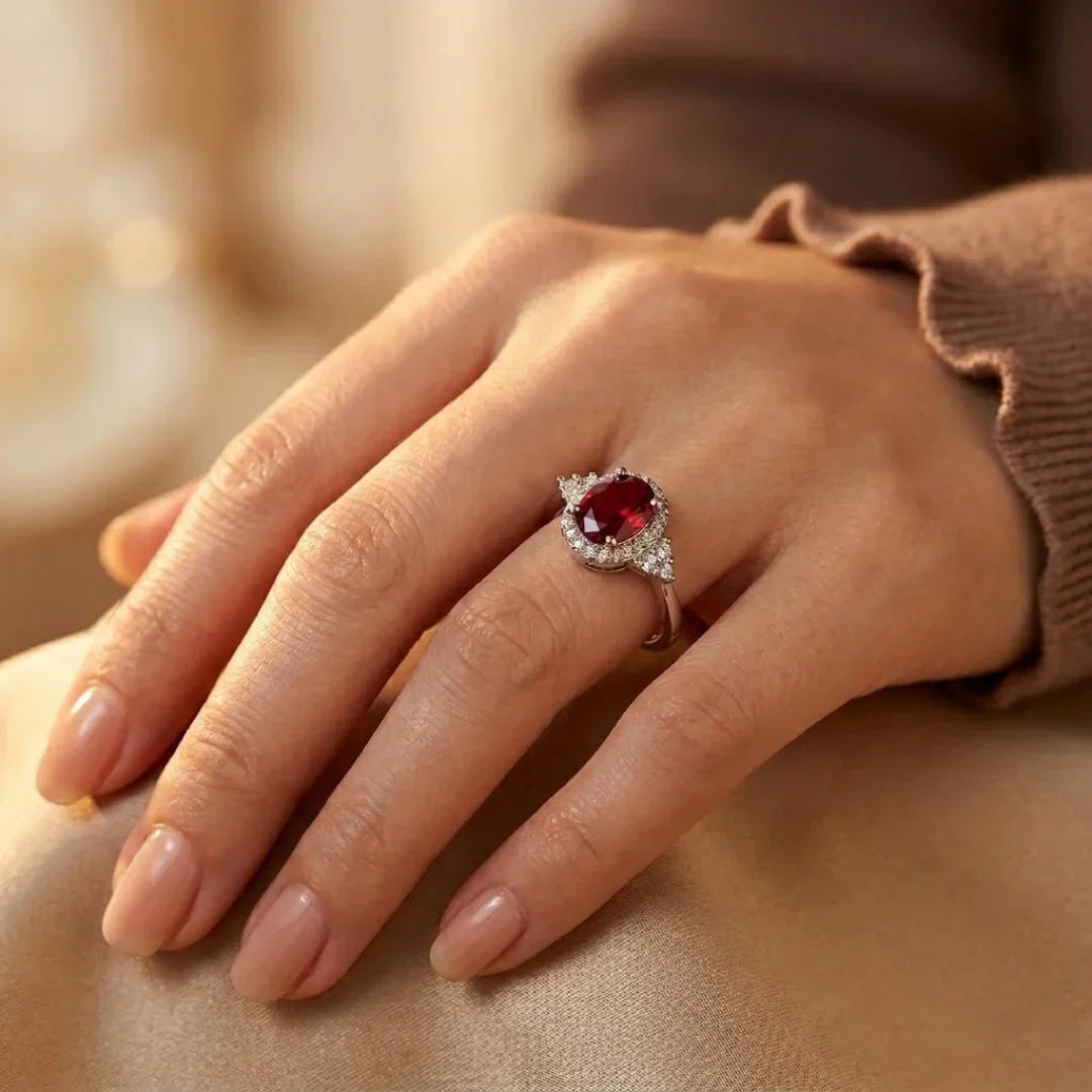 Halo ring met robijn in zilver