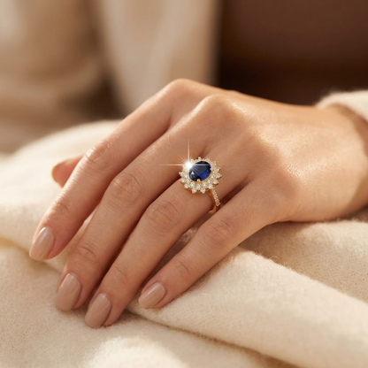 Halo ring met saffier in goud