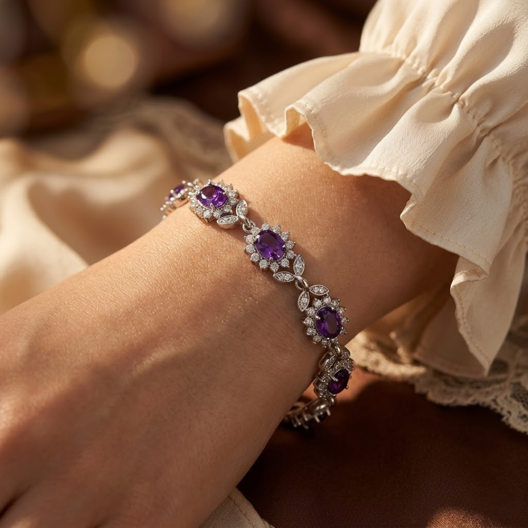 Bloem armband amethist in zilver
