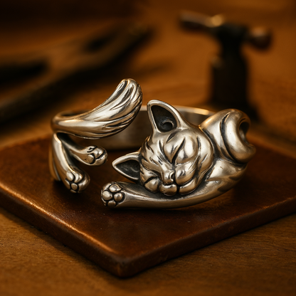 Vintage kattenring in zilver