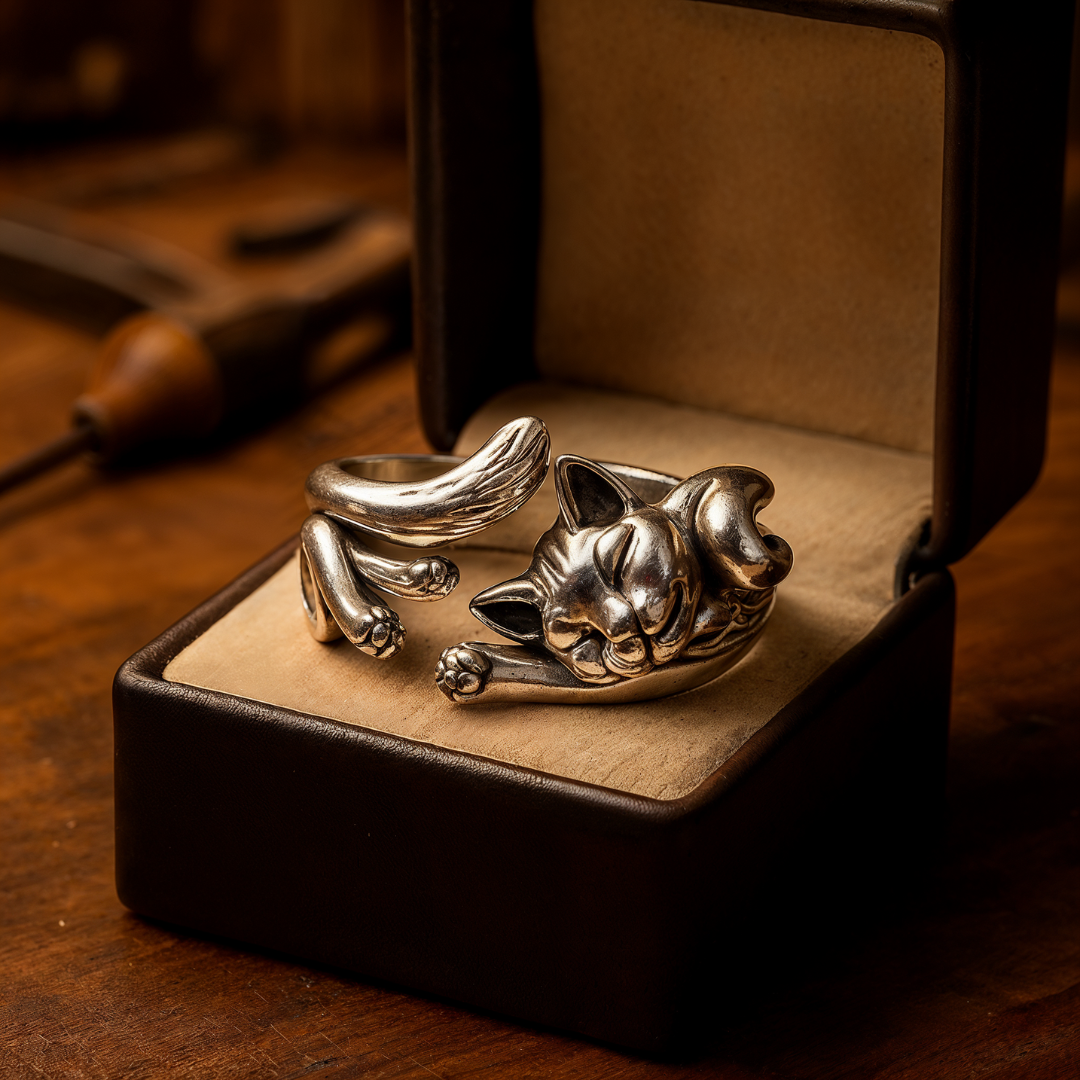 Vintage kattenring in zilver