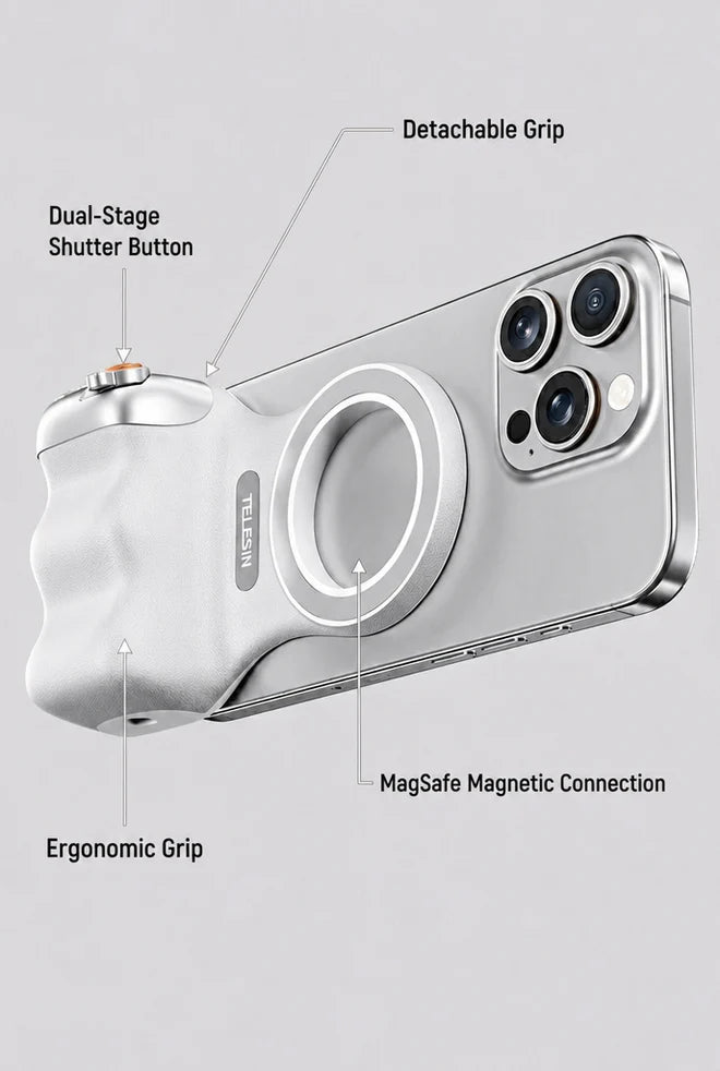 GripShot Pro – Magnetische telefooncameragreep met ontspanknop & magnetisch selfielicht 2.0 & statief