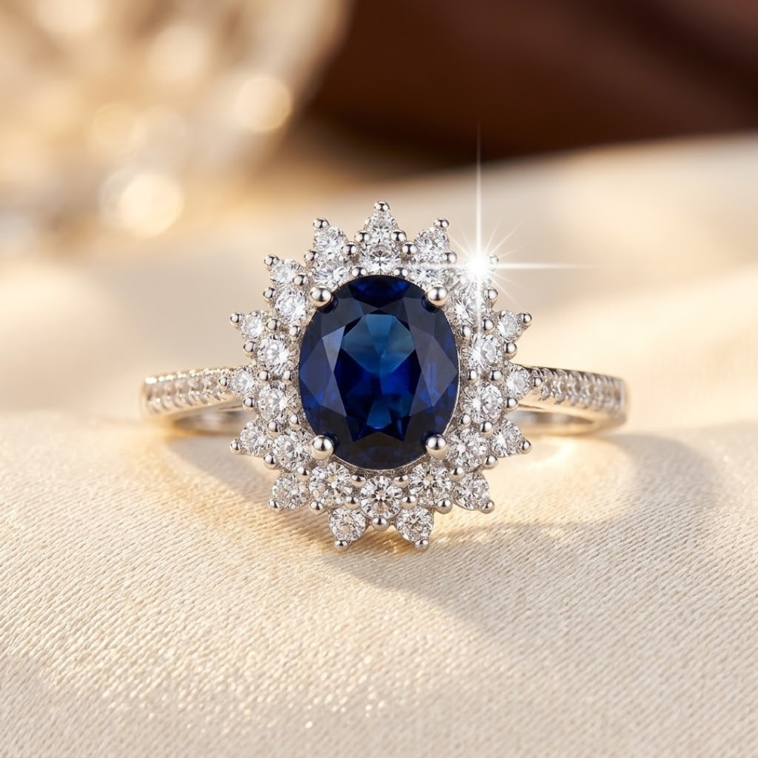 Halo ring met saffier in goud