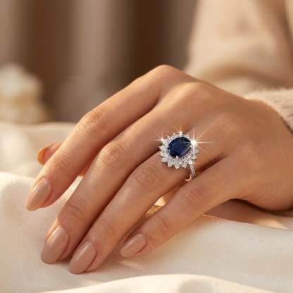 Halo ring met saffier in goud