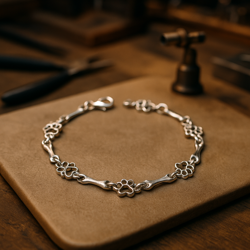 Armband met hondenpoot- en botbedels in zilver