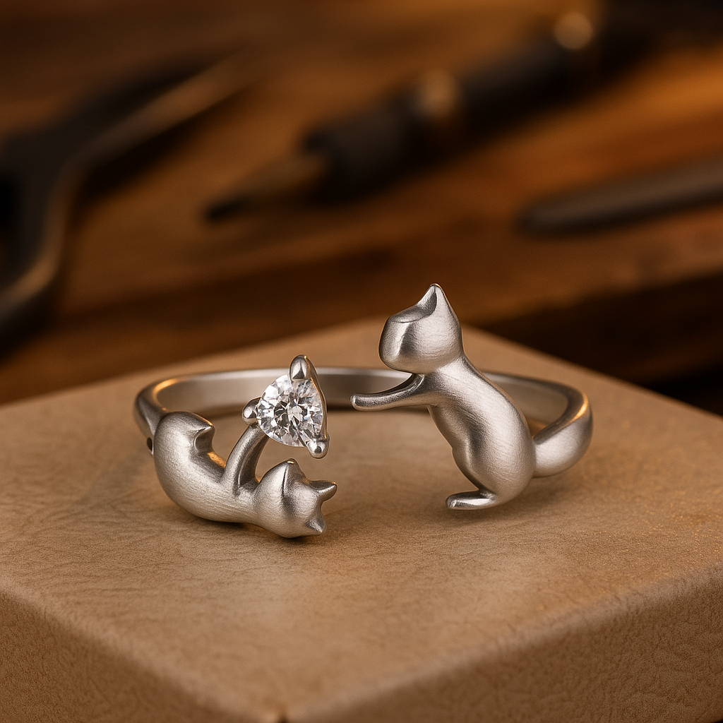 Verstelbare Sterling Zilveren Ring met Speelse Kat en Zirkonia