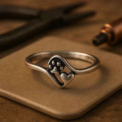 Vintage zilveren ring met pootafdruk en hartmotief