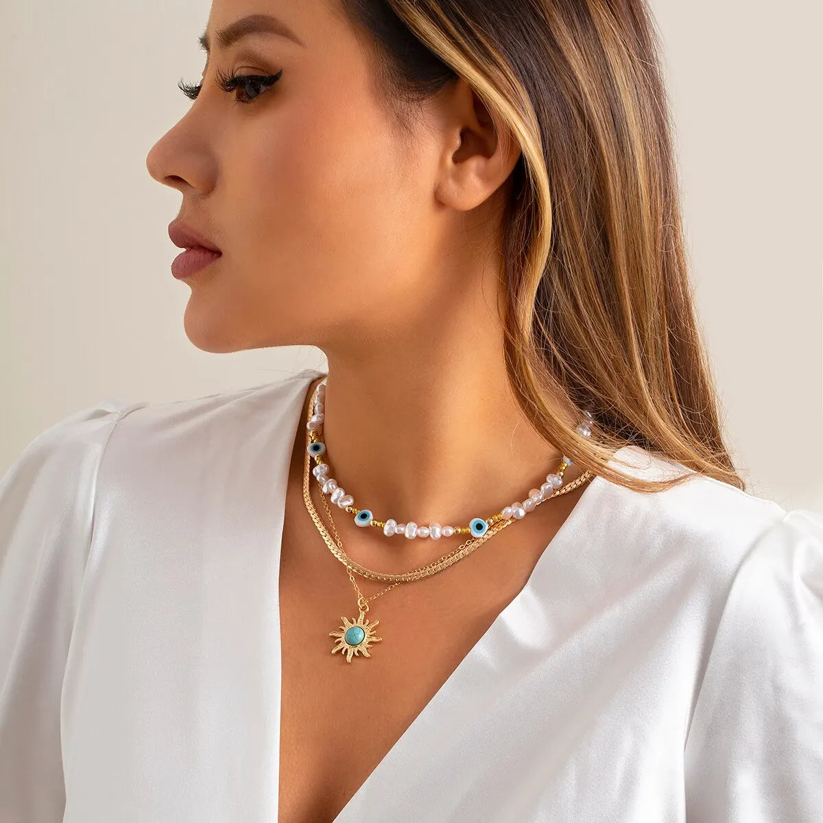 Set van Gelaagde Kettingen Parels & Boze Oog – Boho Zonnehanger