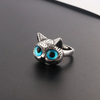 Kat Ring met Blauwe Ogen – Speelse Vintage Zilveren Dierenring voor Kattenliefhebbers