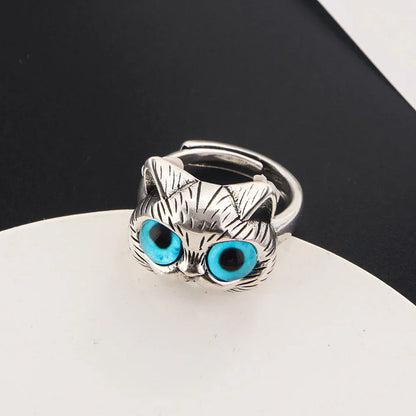 Kat Ring met Blauwe Ogen – Speelse Vintage Zilveren Dierenring voor Kattenliefhebbers