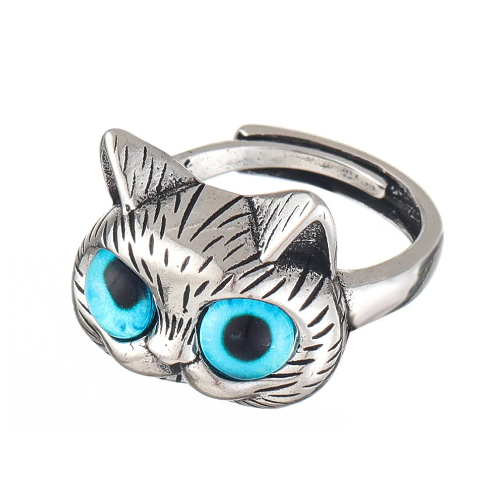 Kat Ring met Blauwe Ogen – Speelse Vintage Zilveren Dierenring voor Kattenliefhebbers