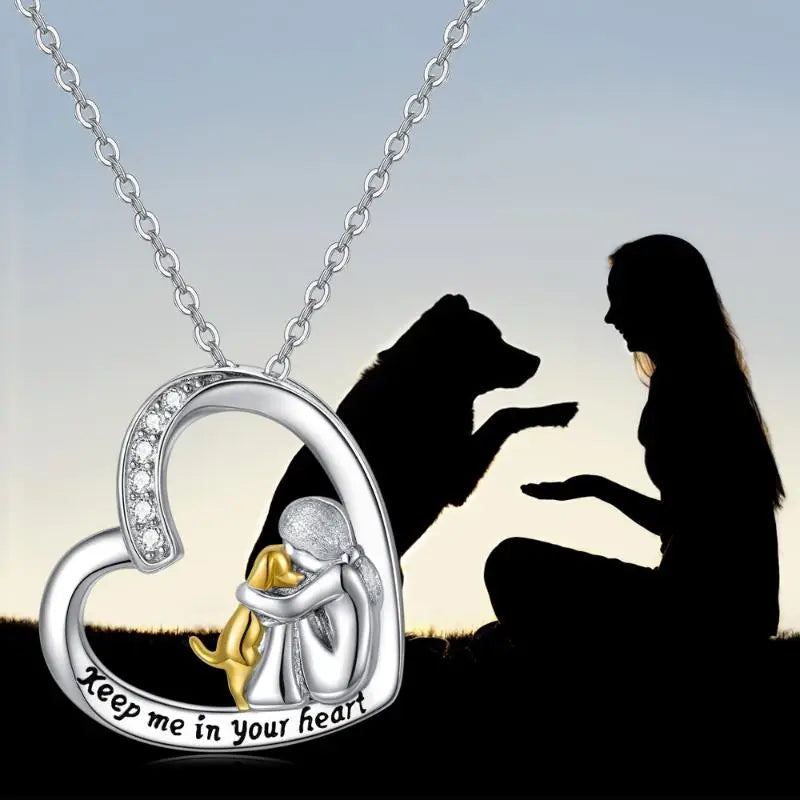 Zilveren hartketting met hond en zirkoniasteentjes