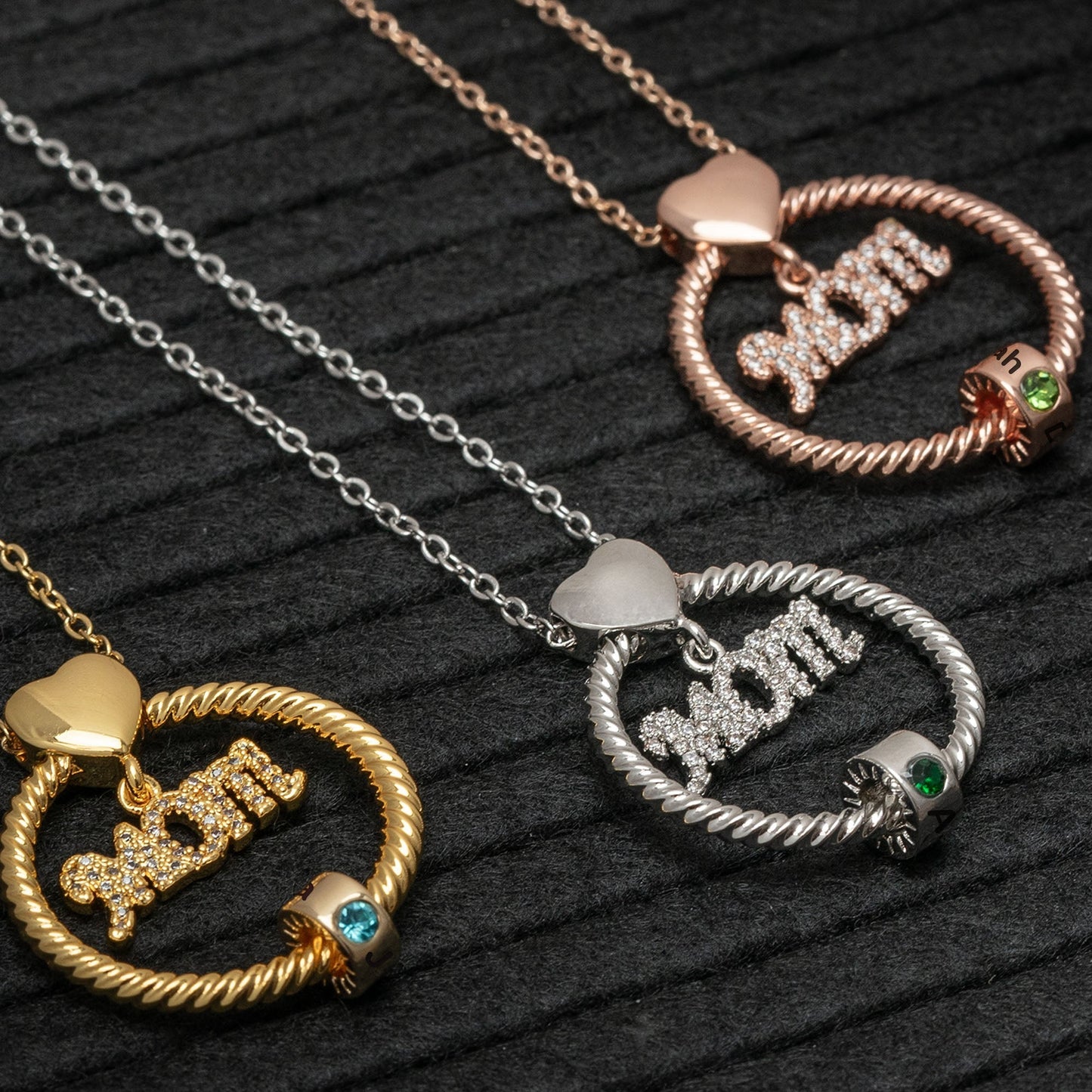 Gepersonaliseerde Cirkel Hanger Ketting met Gegraveerde Namen & Geboortesteen Kralen