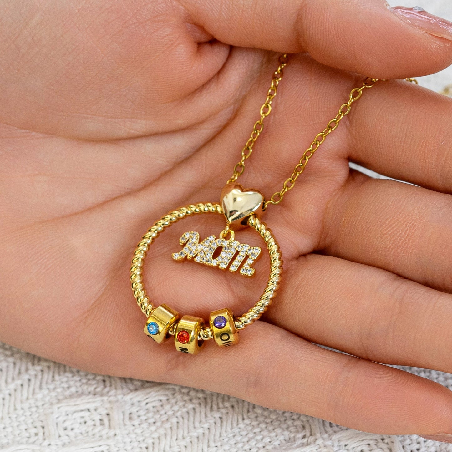 Gepersonaliseerde Cirkel Hanger Ketting met Gegraveerde Namen & Geboortesteen Kralen