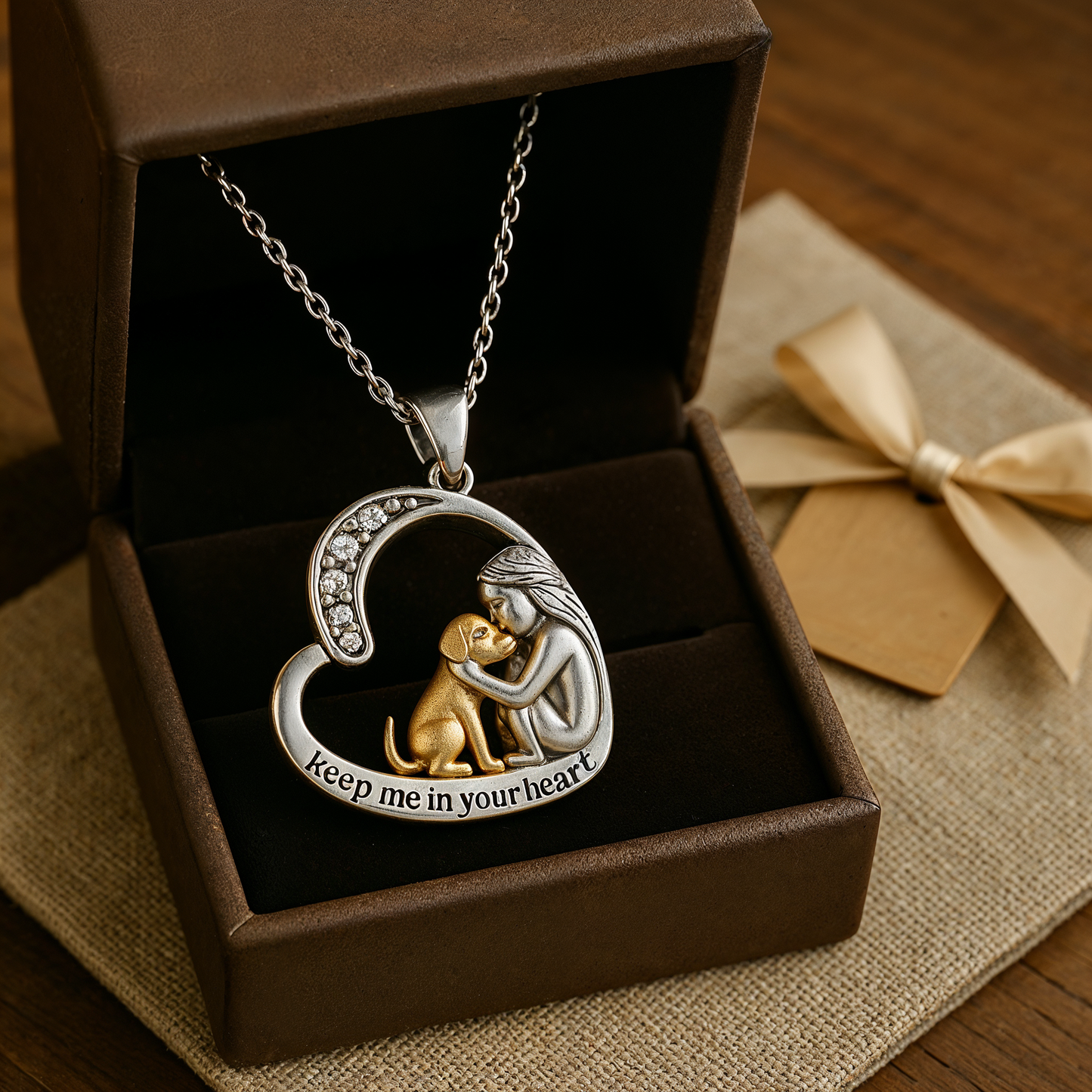 Zilveren hartketting met hond en zirkoniasteentjes
