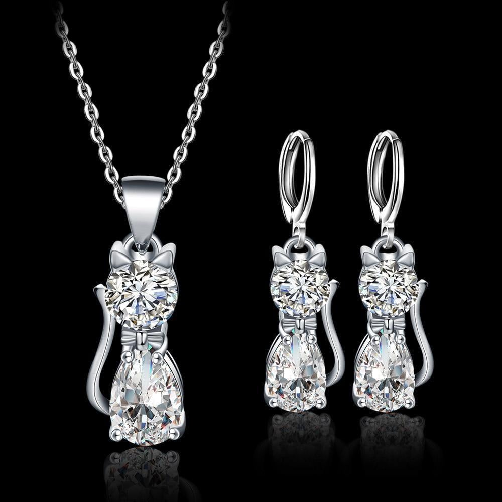 Complete set ketting + oorbellen Happy Cats van sterling zilver en glanzend witte zirkonia