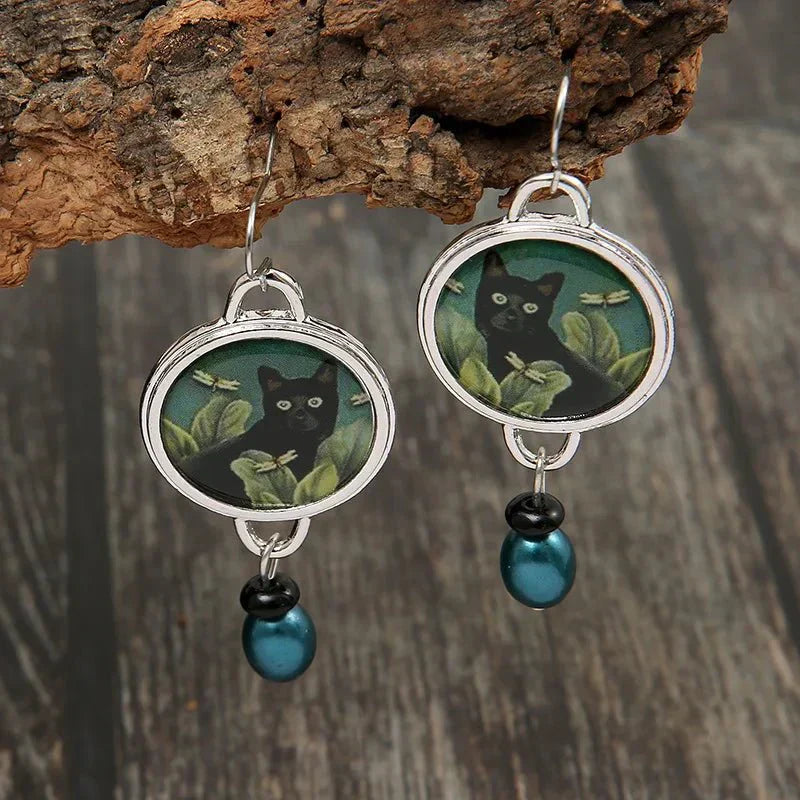 Vintage Druppel Oorbellen met Tropische Zwarte Kat