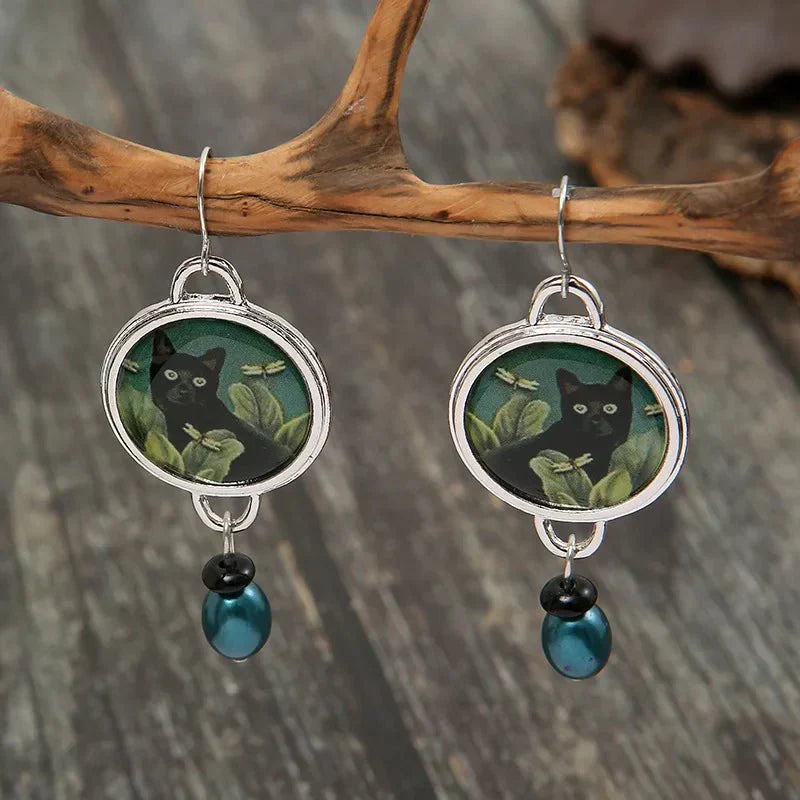 Vintage Druppel Oorbellen met Tropische Zwarte Kat